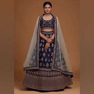 Blue Embroidered Zari Work And Multi Color Thread Work Lehenga Choli